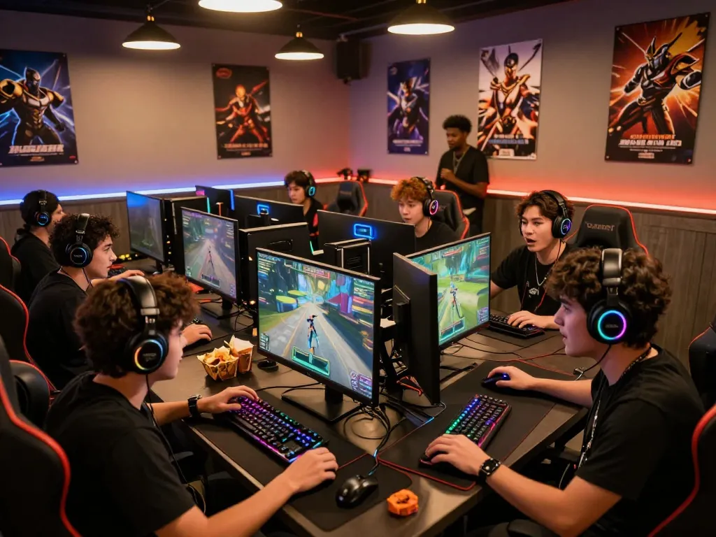 Engaged gamers at mantra88.net enjoying thrilling multiplayer gaming in a vibrant lounge.