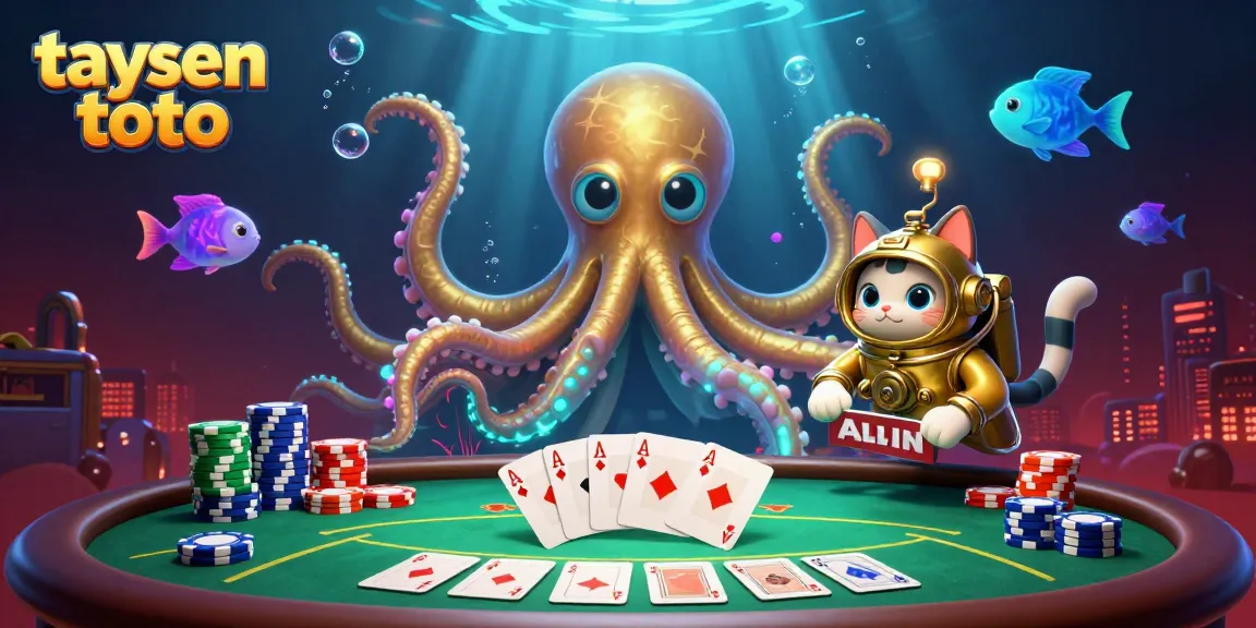 Experience the thrill of taysen toto with a vibrant 3D poker scene featuring a kraken and diving cat.