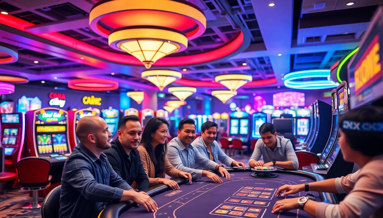 Menggambarkan situs bossmahjong dengan pemain bersemangat di kasino yang ramai.