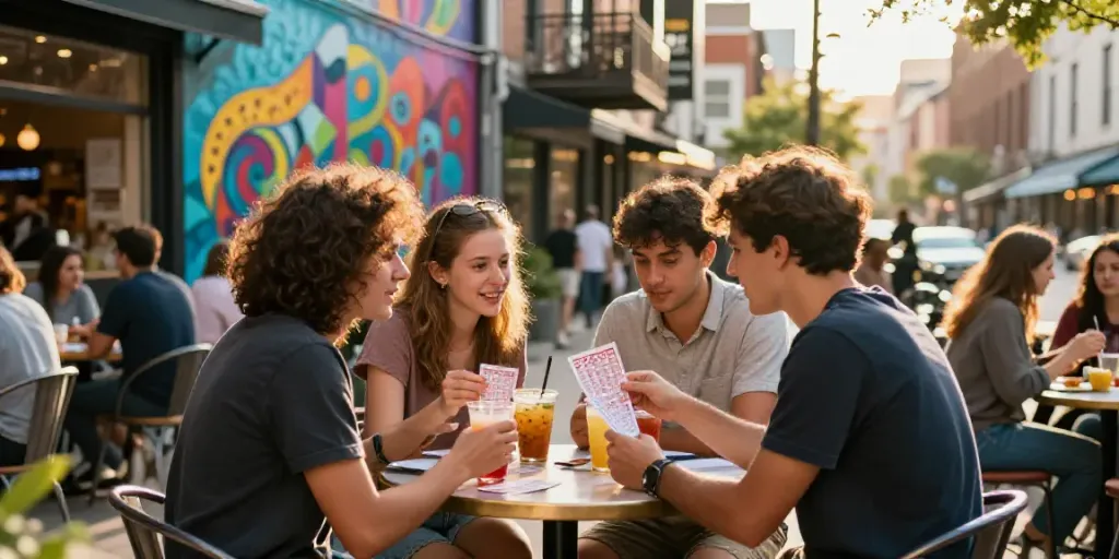 Teman-teman berdiskusi tentang strategi togel alexistoto di kafe trendi dengan latar belakang seni jalanan.