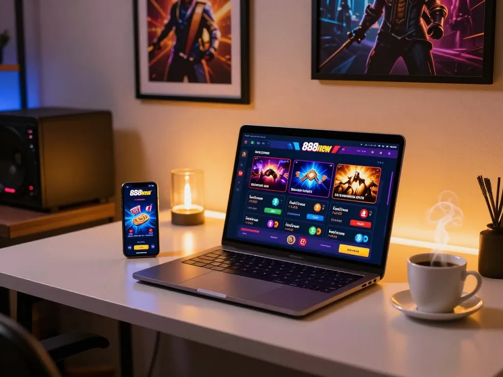 Engaging scene of playing 888new casino games on a laptop, showcasing an interactive online gambling setup.