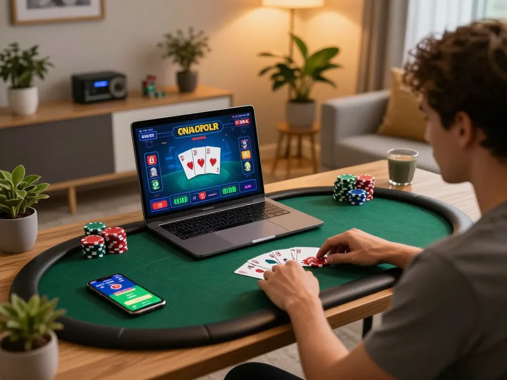 SX88 online poker game setup at home, featuring player engaged with laptop and smartphone.