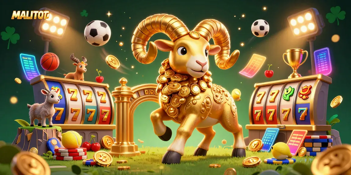 MALITOTO showcases a golden ram charging towards a jackpot of slot reels amidst vibrant game elements.