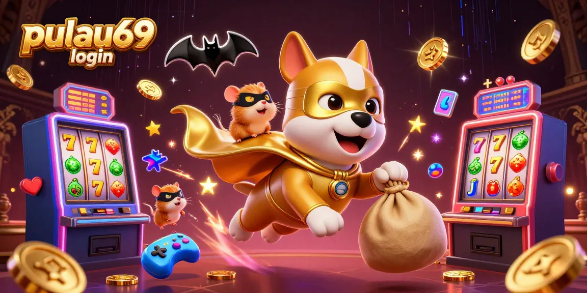 Experience pulau69 login with this vibrant illustration of a superhero dog and hamster in a casino world.