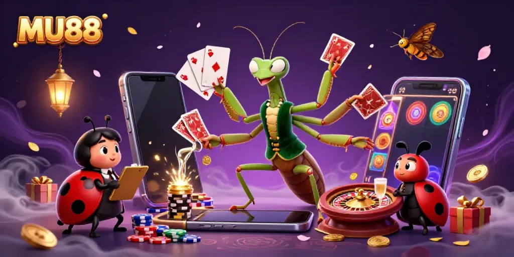 Experience the excitement at MU88 with vivid characters, casino elements, and captivating visuals in this dynamic illustration.
