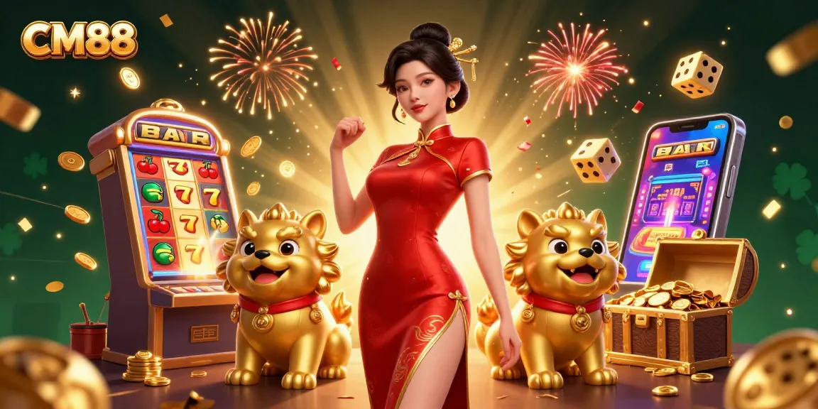 Experience thrilling gaming at CM88 with a glamorous Asian woman, golden foo dogs, and explosive jackpots.