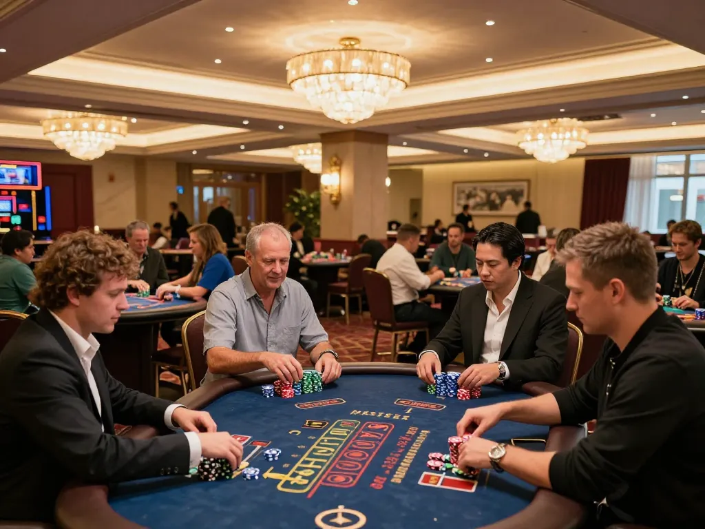 Engaged players enjoying the top 10 game bài at an upscale casino with vibrant atmosphere.
