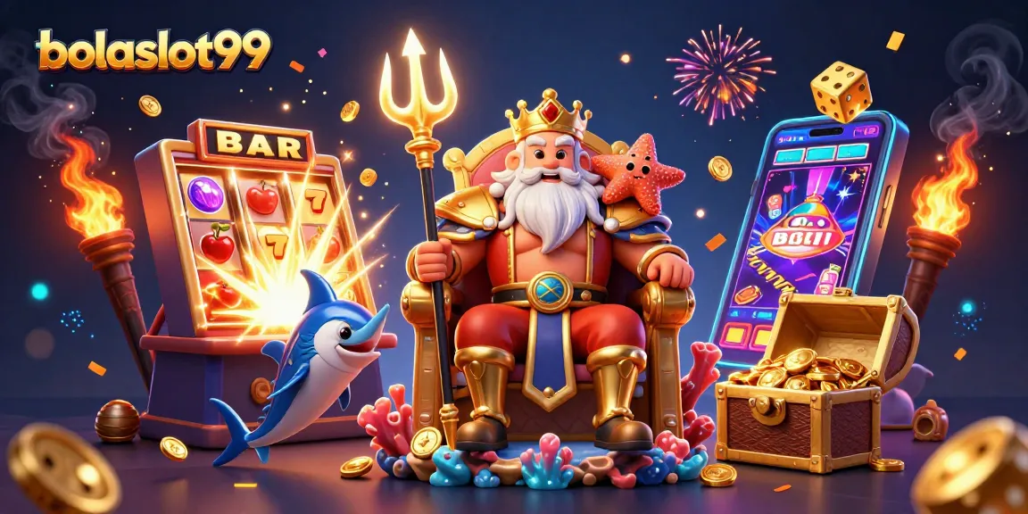 Bolaslot99 showcases vibrant slot machines and winning moments with Neptune and friends.