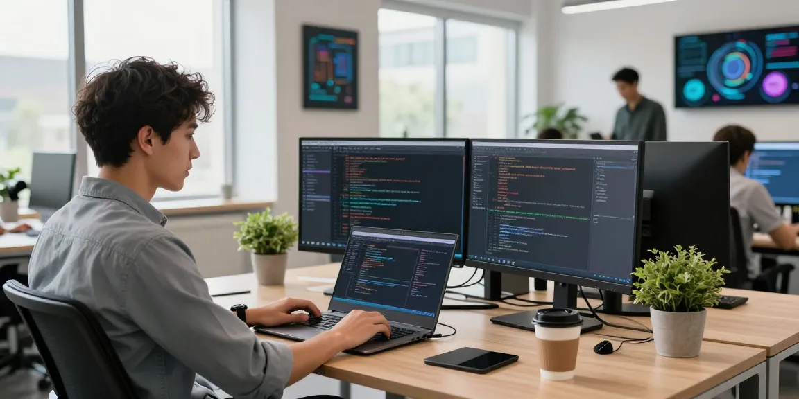 Pengembang perangkat lunak IMBAJP bekerja di kantor modern dengan layar berbagai bahasa pemrograman.