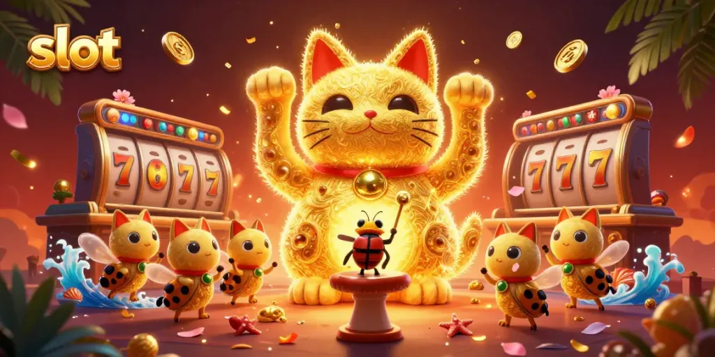 Putar slot yang menguntungkan dengan simbol keberuntungan dan kucing beruntung dalam ilustrasi kasino berwarna-warni.