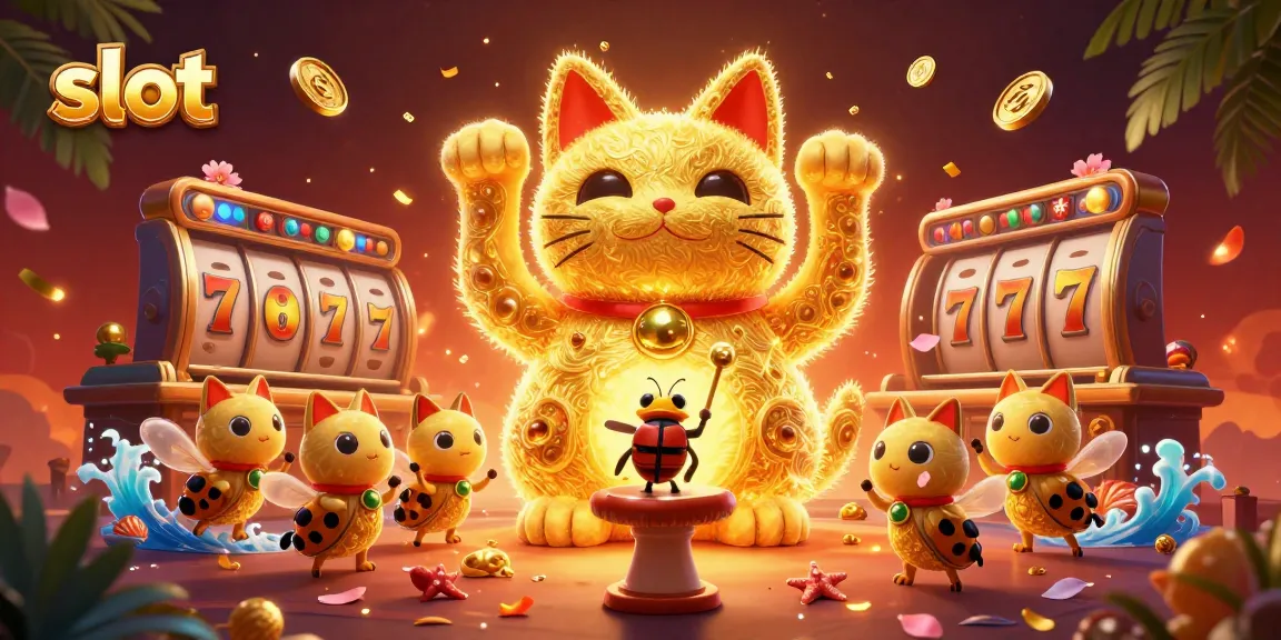 Putar slot yang menguntungkan dengan simbol keberuntungan dan kucing beruntung dalam ilustrasi kasino berwarna-warni.