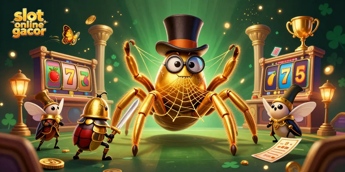 Gamekan slot online gacor dengan tarantula emas dan ksatria kumbang dalam ilustrasi mengagumkan.