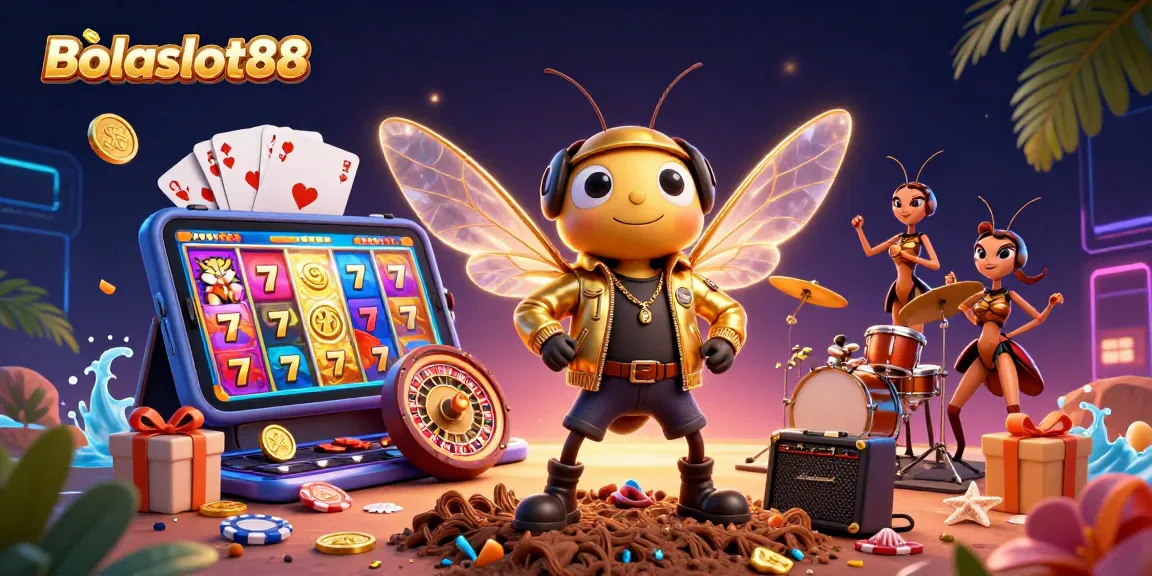 Bolaslot88 showcases exciting slot games with golden coins, spinning reels, and playful characters.