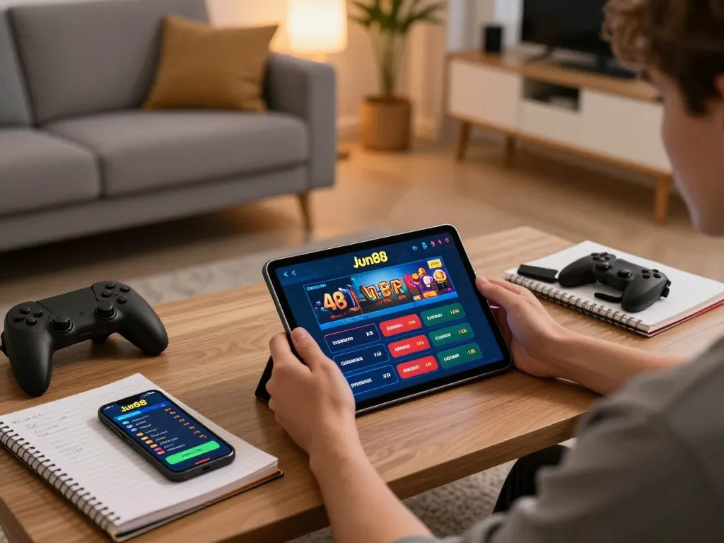 Engaging with Jun88 online casino app on tablet in a modern gaming setup.