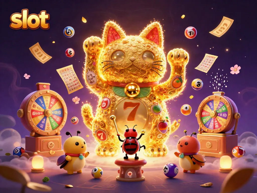 Experience the excitement of slot gaming with a vibrant lucky cat illustration.