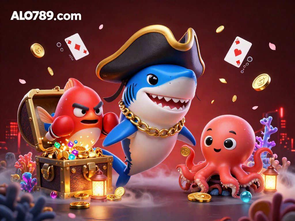 Join the excitement of ALO789 com with our cartoon shark and friends amidst a treasure-filled scene.