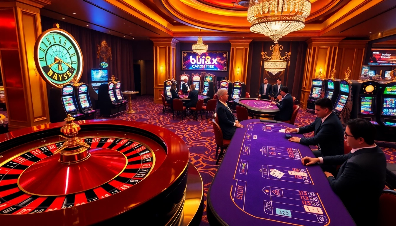 A thrilling scene at bk8x club with players engaged at poker tables and a spinning roulette wheel.