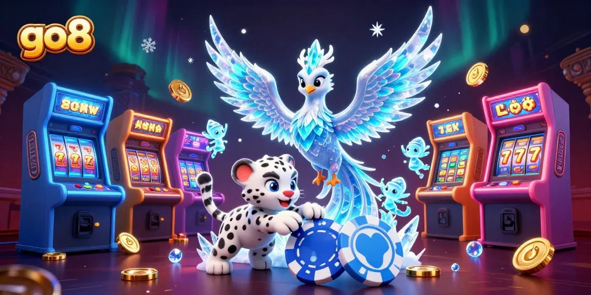 Join the fun with go8, featuring an ice phoenix and snow leopard in a vibrant casino scene.