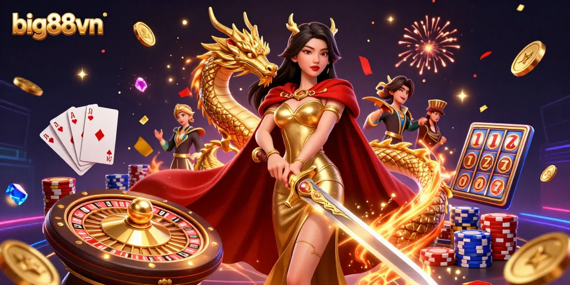 Experience thrilling moments at big88vn with a captivating 3D casino scene featuring a warrior queen and playful dragon.