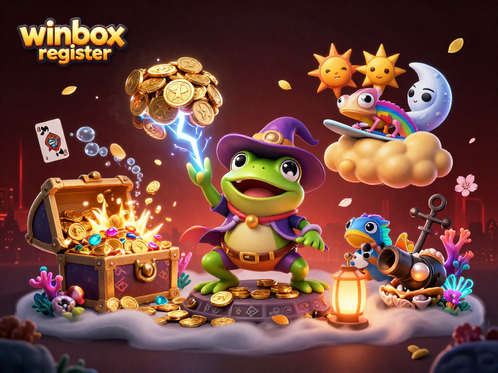 Engage in thrilling gameplay with winbox register; featuring cartoon wizard and chameleon amidst gold coins.