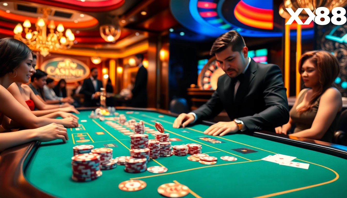 Experience high-stakes gaming at trang chủ x88 with luxurious casino tables and vibrant ambiance.