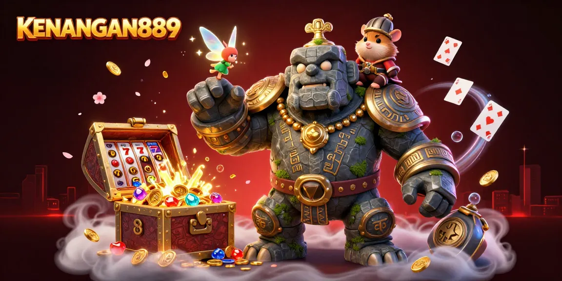 Capture KENANGAN889 with a vibrant, action-filled illustration showcasing heroes amidst casino excitement.