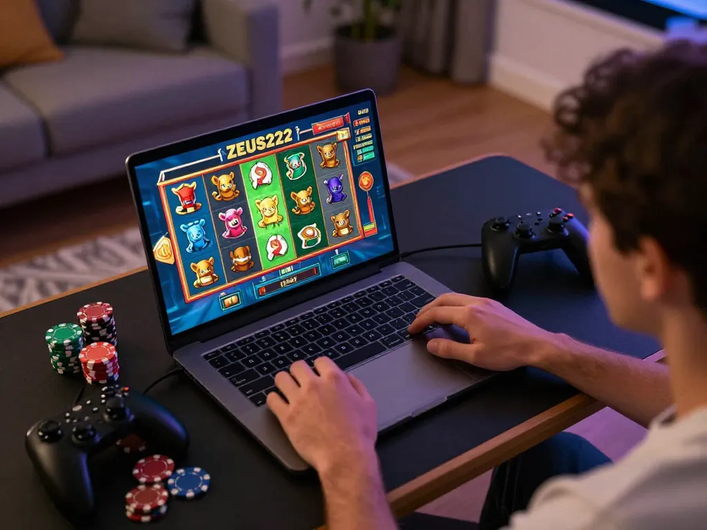 Player enjoying ZEUS222 online slot game on a laptop in a cozy home setup with colorful graphics.