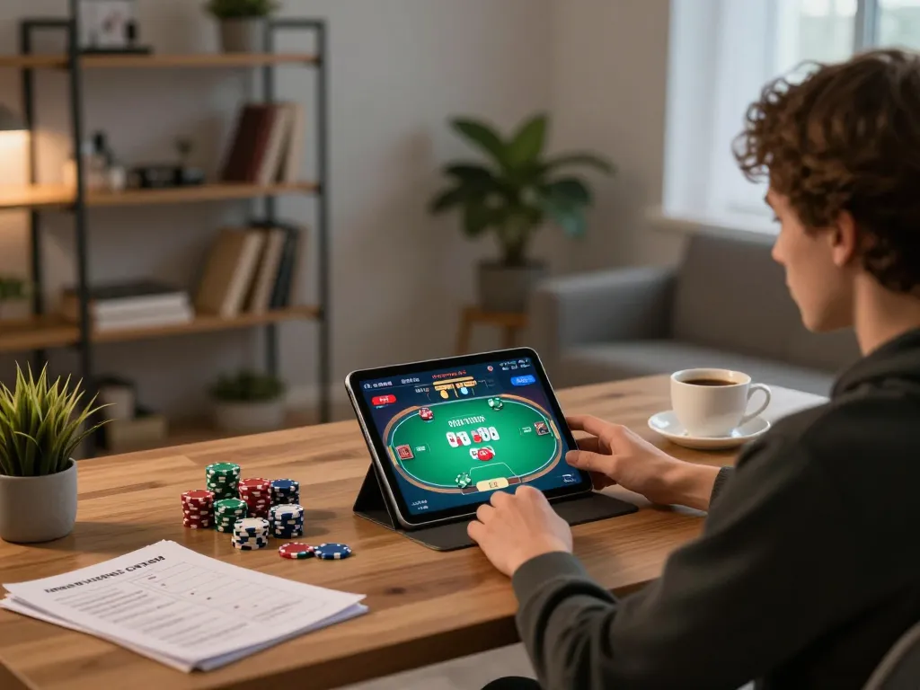 Engaged player using KP88 to master poker strategies on a tablet