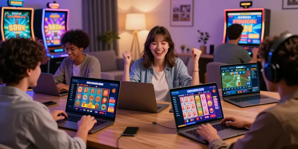 Ratutogel, pemain bahagia merayakan kemenangan di aplikasi slot online.