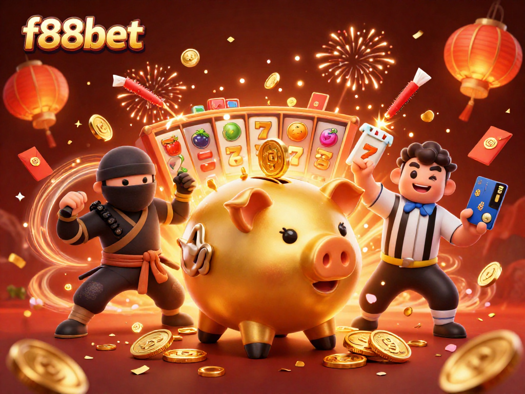 Experience thrilling gaming action at f88bet with a dynamic illustration featuring a piggy bank sumo wrestler, ninja, and referee.