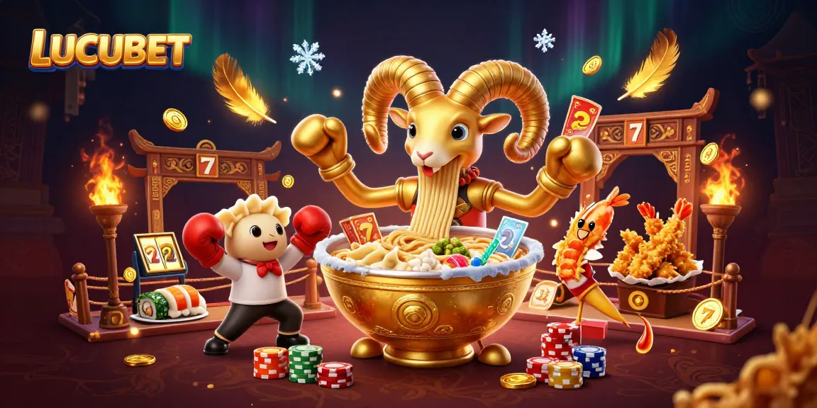 LUCUBET features a vibrant 3D scene with dynamic characters and slot elements representing casino excitement.