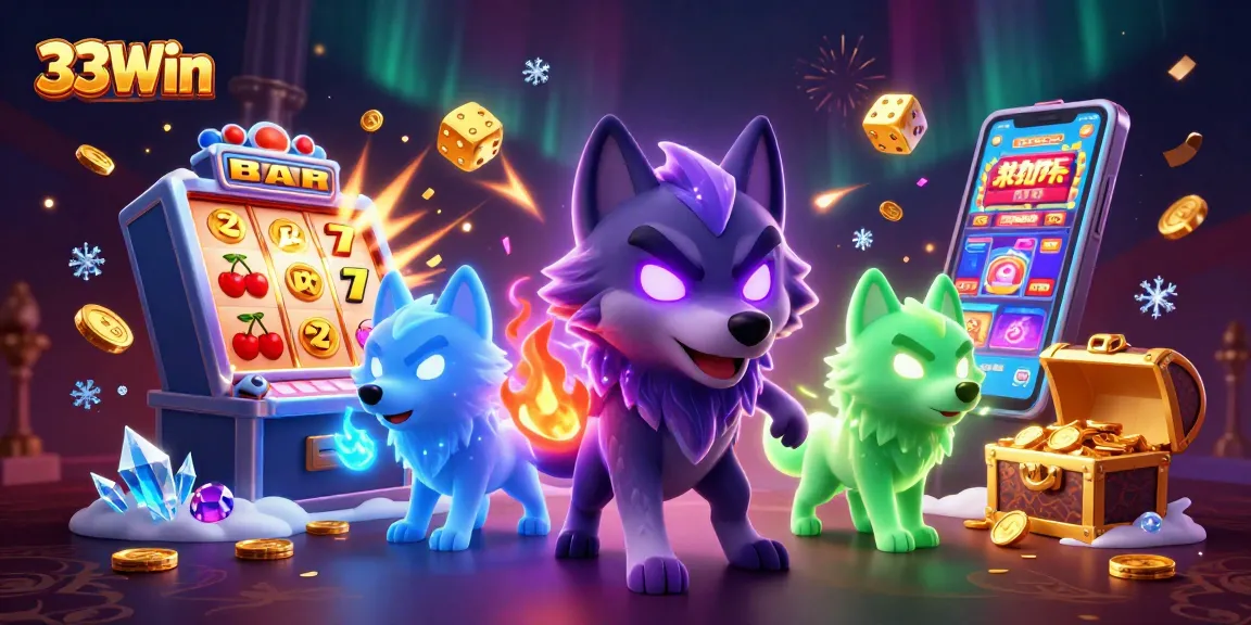 Engage with exciting gameplay at 33Win featuring vibrant slot machines, glowing wolf characters, and a treasure chest.