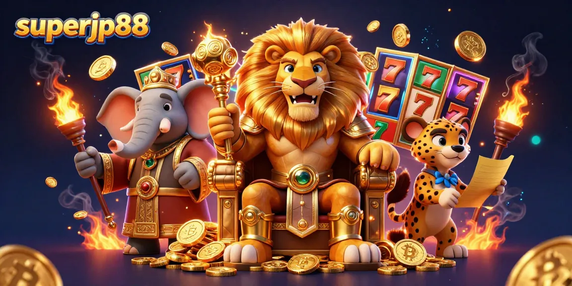 Experience the excitement of superjp88 with a fierce lion king, slot games, and cryptocurrency elements in this vibrant casino scene.