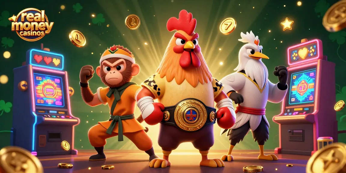 Experience the thrill of real money casinos with dynamic characters and casino games in a vibrant scene.