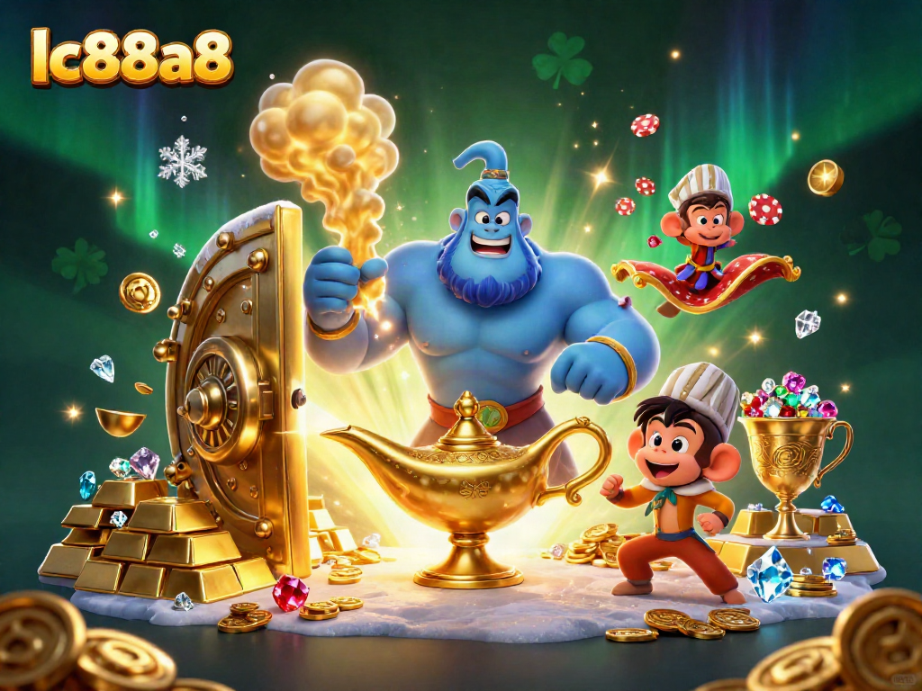 Experience the excitement of lc88a8 with a captivating Genie scene filled with treasures and magic.