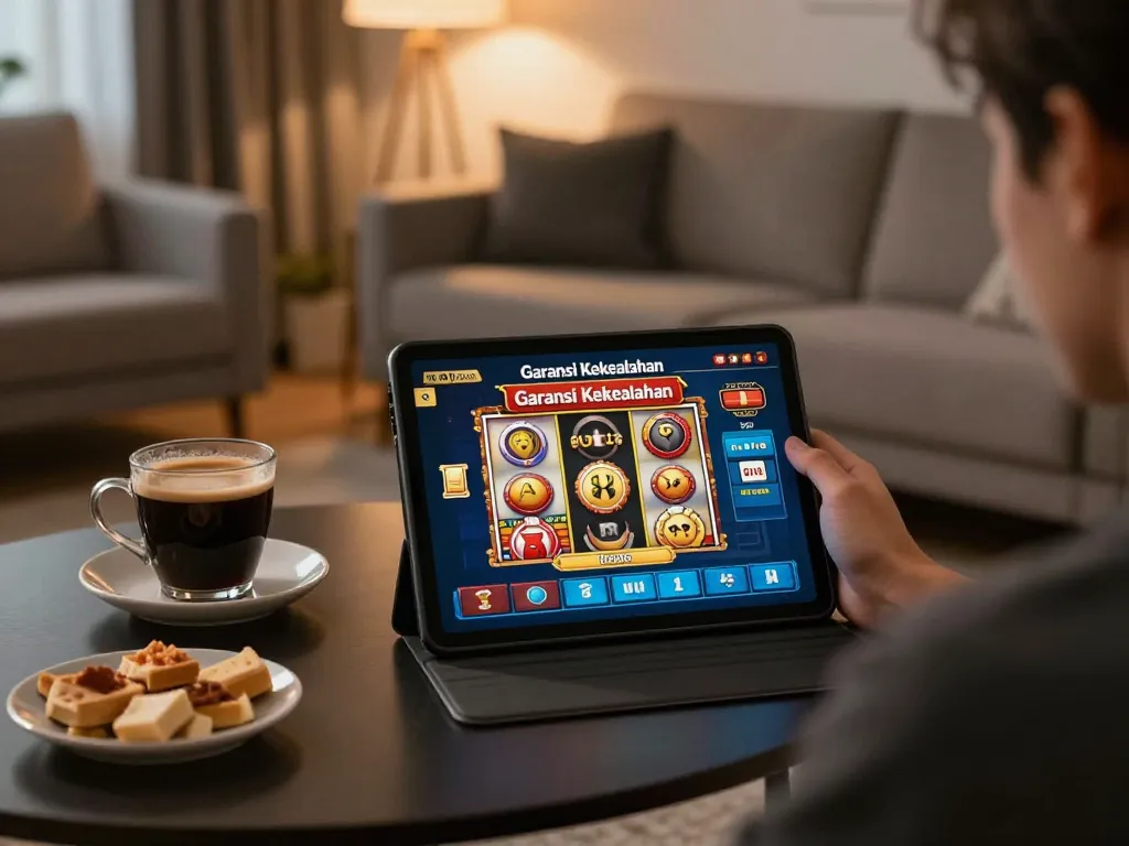 Engaging in online slots with Garansi Kekealahan at home, showcasing a player’s strategic approach.