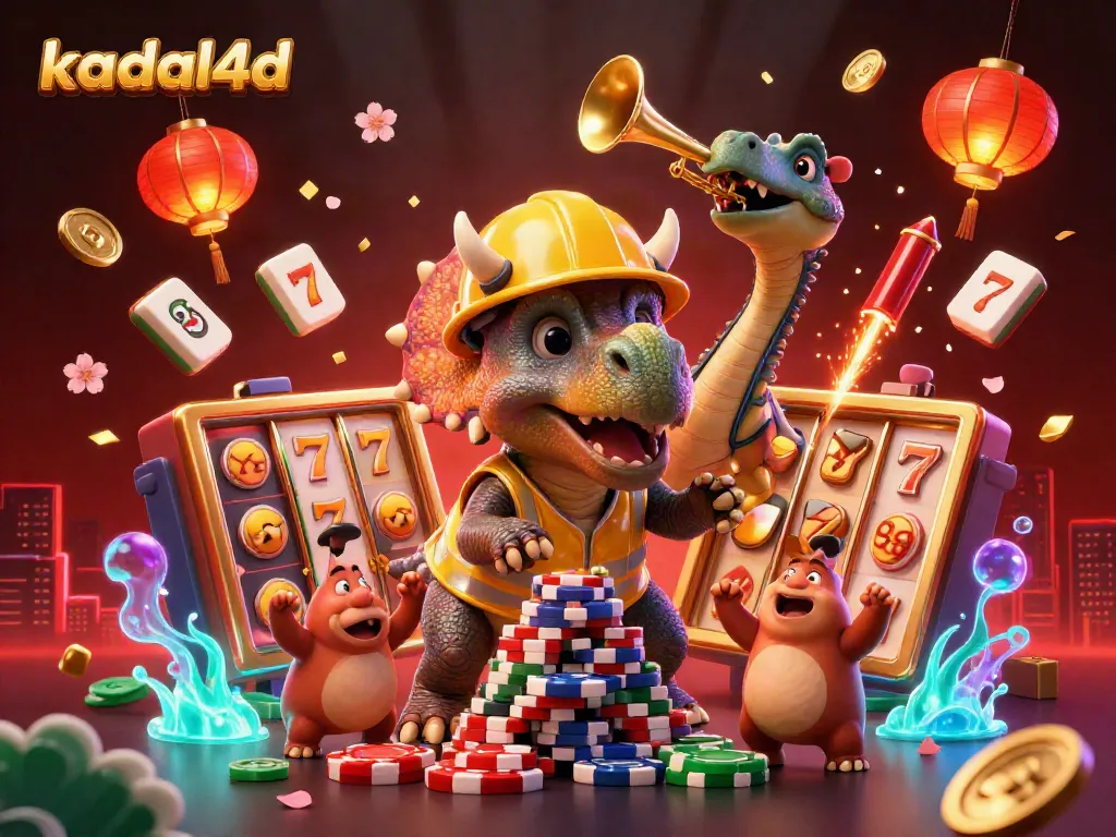 Experience the excitement with kadal4d as a triceratops celebrates building a poker chip pyramid in a vibrant casino-themed illustration.