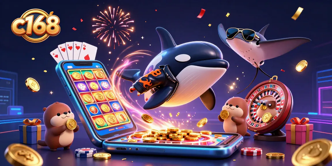 c168 features a lively scene with a jumping orca, stingray in shades, and otters with coins promoting casino fun