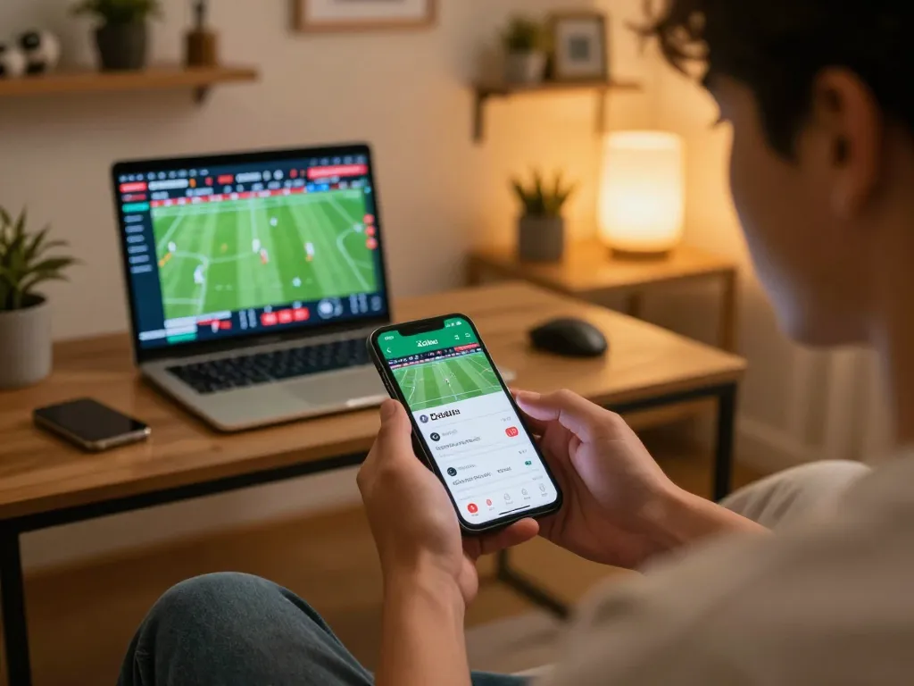 Xoilac user placing bets on exciting football matches through a smartphone in a cozy home environment.