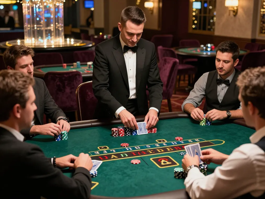 Players engaging intensely in a high-stakes blackjack game at SC88 casino table, showcasing chips and cards in action.