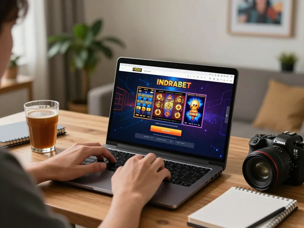 Engaging INDRABET login session showcasing slot gacor games on laptop in a cozy home setup.