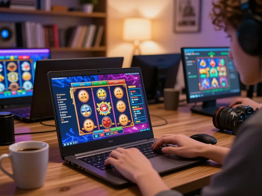 KADAL778 player engaged in online slots gaming, showcasing a cozy home environment with a laptop and warm ambiance.