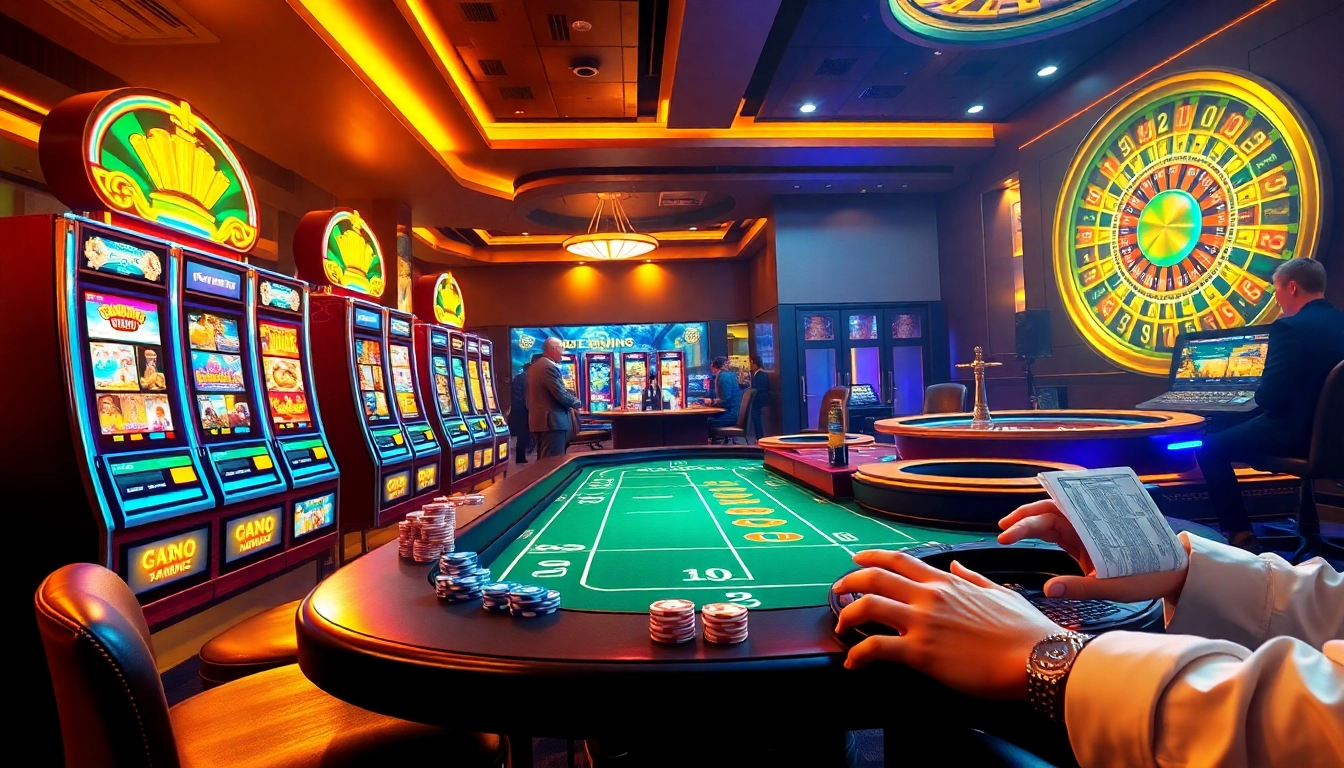 Engaging scene of 'nama nama situs judi slot online' with slot machines, poker tables, and lively casino atmosphere.