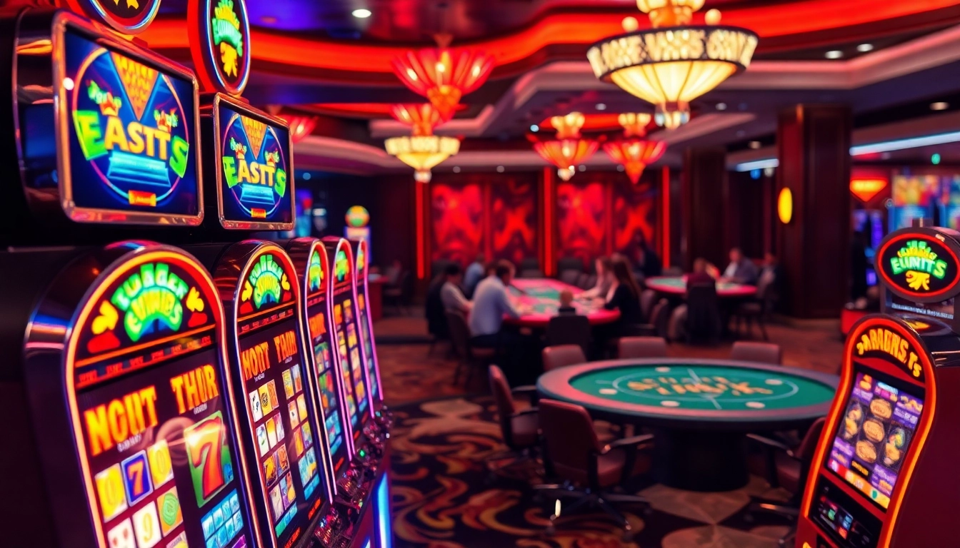 Nemo69 menampilkan suasana kasino yang meriah dan penuh warna dengan mesin slot dan pemain poker.