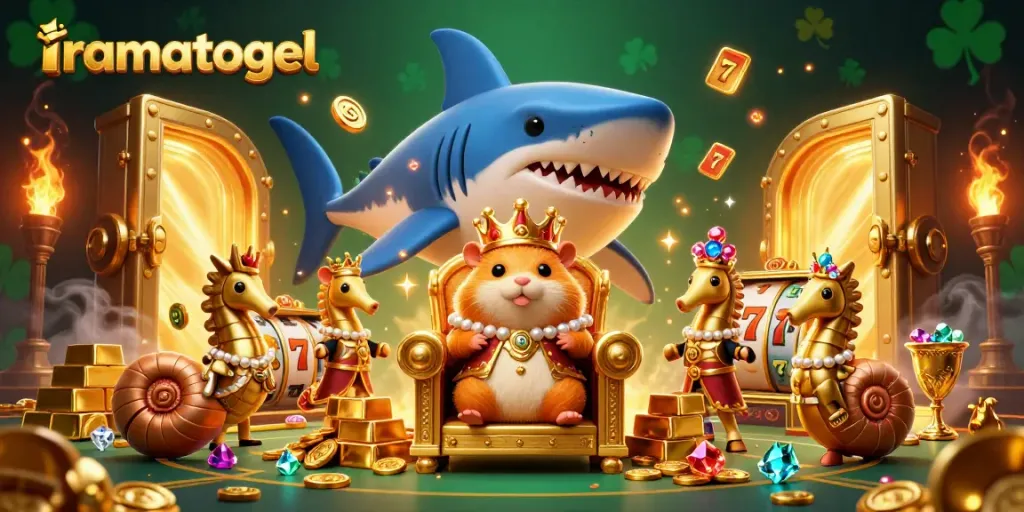 Join the thrilling world of gambling with iramatogel featuring a golden hamster king and his treasure.