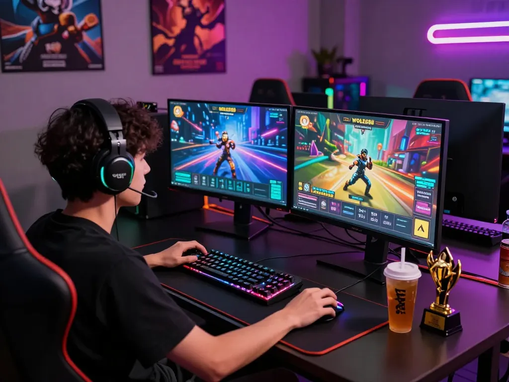 Excited gamer on WOLES88 platform with dual monitors and vibrant RGB lighting in a modern gaming setup.