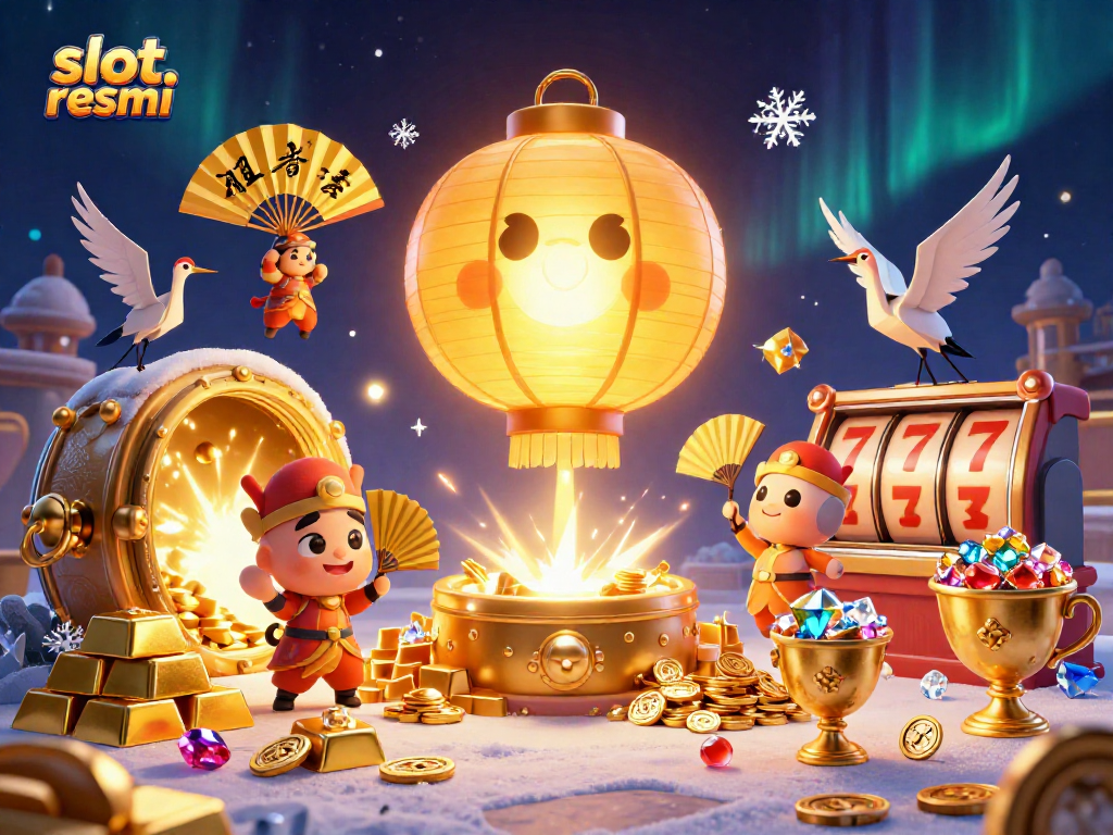 Gambar slot resmi dengan karakter unik dan simbol keberuntungan di kasino malam.