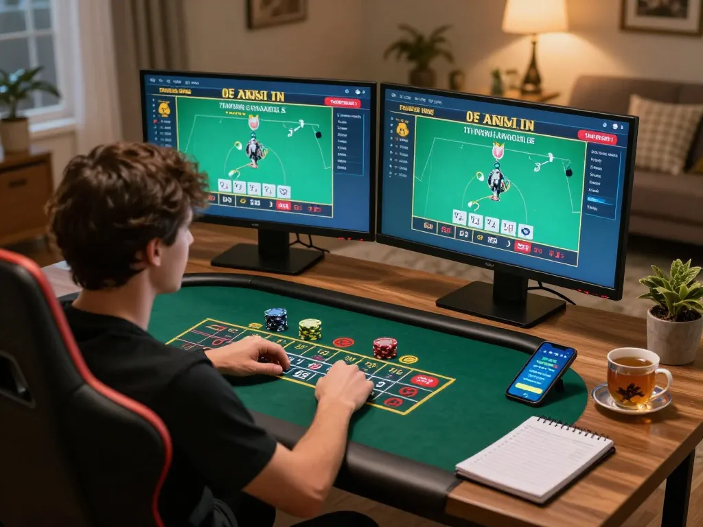 Player engaging in strategic online blackjack session with SC88, showcasing betting interface and home gaming setup.