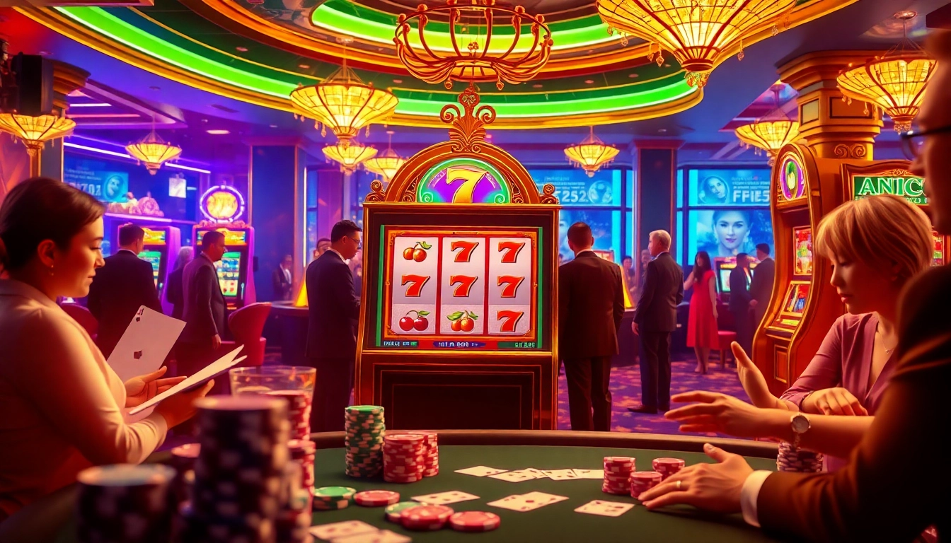 Players enjoying the Onicplay online slot games in a luxurious casino setting.