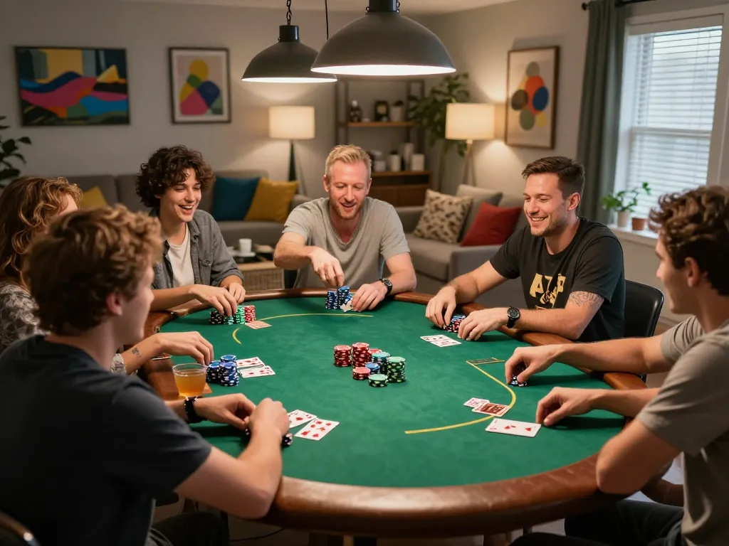 Friends enjoying a competitive poker game at home while discussing strategies for go8